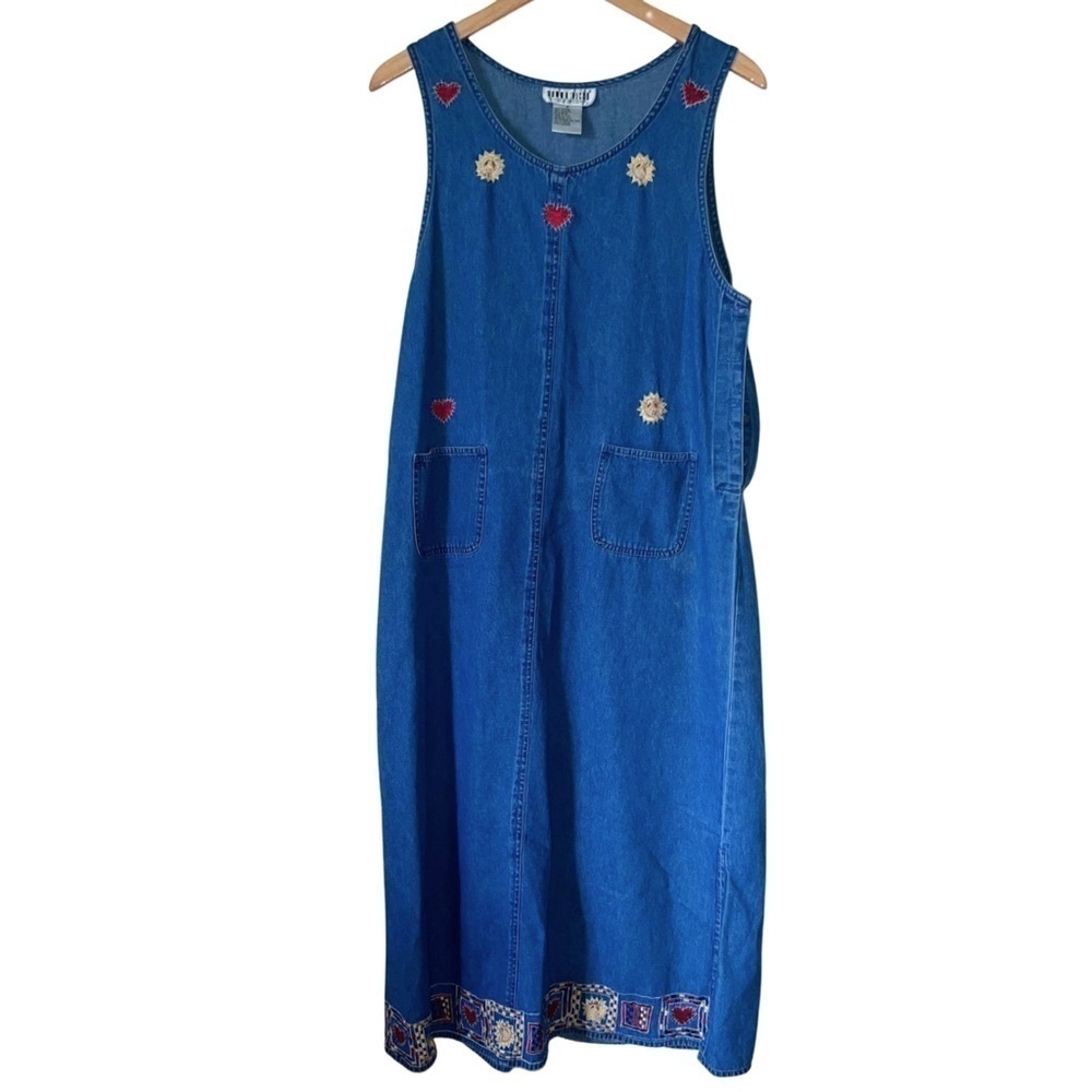 Vintage Donna Ricco Embroidered Denim Cotton Maxi Dress Size Medium